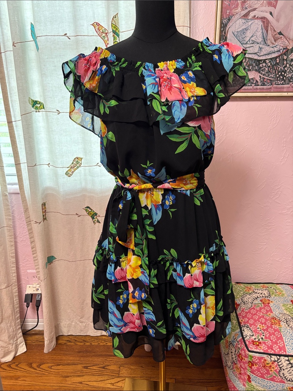 Lauren Ralph Lauren Black Floral Ruffle Midi Dress